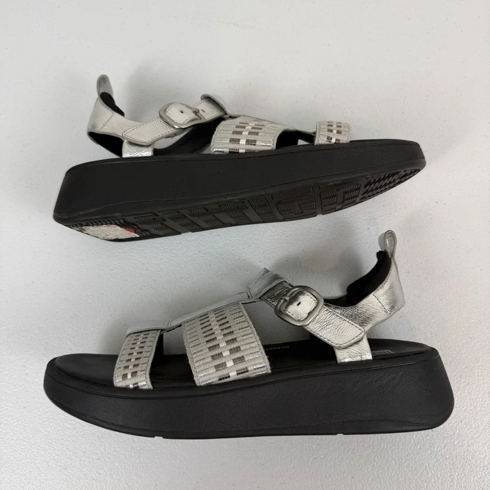 FITFLOP F-MODE METALLIC-LEATHER/WEBBING FLATFORM FISHERMAN SANDALS Women's 9 US